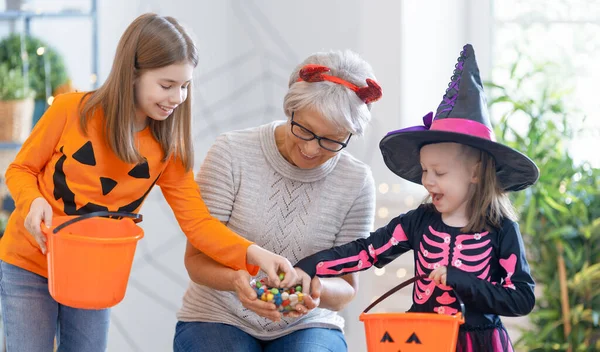 Happy Family Celebrating Halloween Grandmother Children Home — Stock Photo, Image