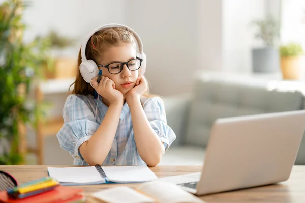 Back School Unhappy Child Sitting Desk Girl Doing Homework Online — Stock Photo, Image