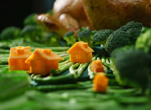 Fantasía paisaje de verduras con casas pequeñas Fotos de stock