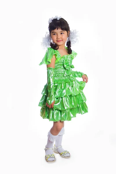 Kazakh Girl Years Green Dress Full Length Isolation White Background — Stock Photo, Image