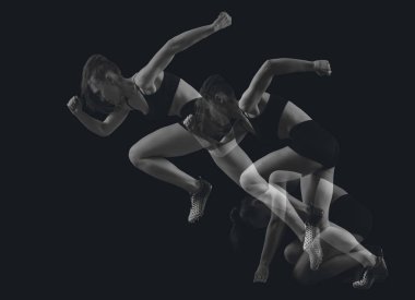 Kadın atlet atletik yolda başlayan blok bırakarak. Çift Pozlama