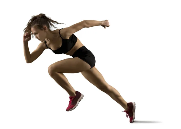 Mujer Velocista Saliendo Pista Atletismo Arranque Explosivo — Foto de Stock