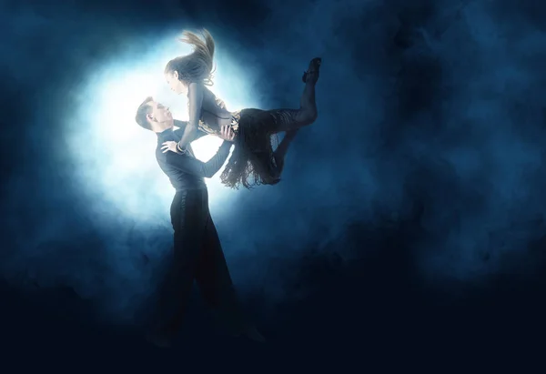 Pair Dancers Dancing Ballroom Smoke Background — Stock Photo, Image