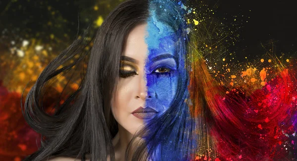 High Fashion Model Woman Art Multicolored Skin Girl Face Portrait — Stock Photo, Image