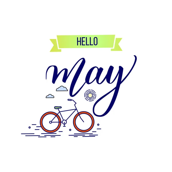 Letras originais da mão Hello May e bicicleta — Vetor de Stock