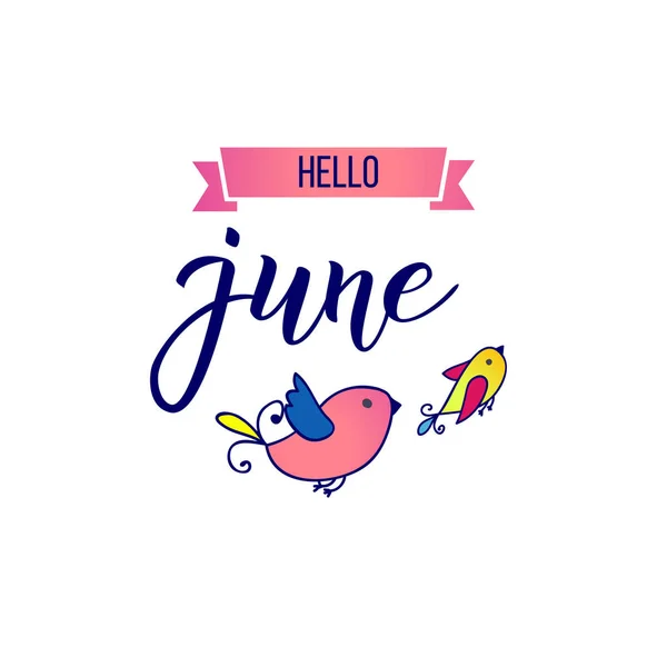 Orijinal el Merhaba Haziran ve küçük kuşlar yazı — Stok Vektör