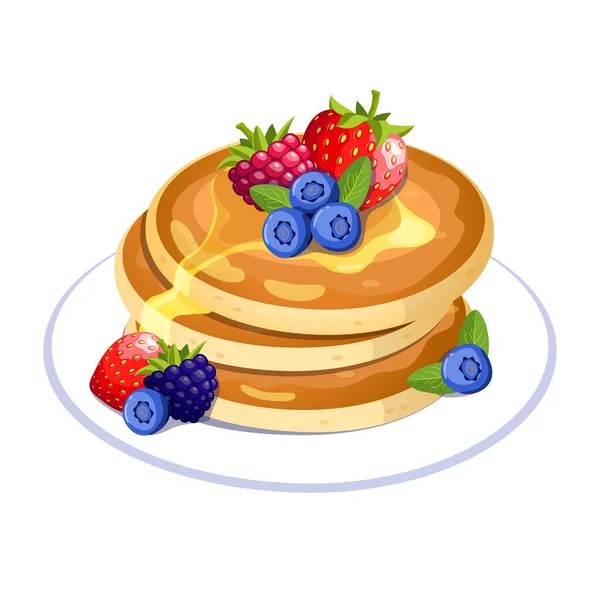 Pancake Dengan Buah Berry Piring Tradisional Manis American Sarapan Ilustrasi - Stok Vektor