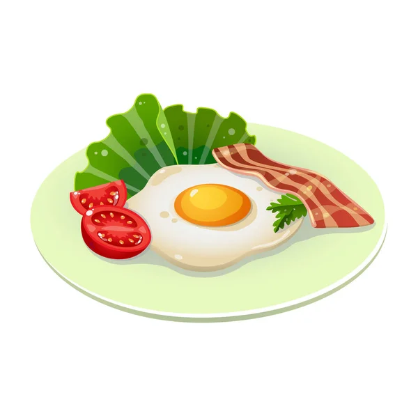 Çizgi Film Tarzı Kahvaltı Için Sahanda Yumurta Pastırma Sebzeli Iştah — Stok Vektör