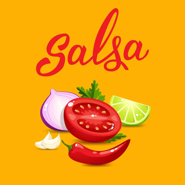 Ingrédients Qualité Pour Sauce Salsa Style Dessin Animé Texte Manuscrit — Image vectorielle