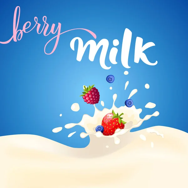 イチゴ ラズベリー ブルーベリーが落ち ミルク製品に飛び散っています 青の背景 漫画風 手書きのテキスト ベリーミルク ポスター アイコン — ストックベクタ