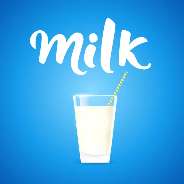 Milchglas Auf Blauem Hintergrund Cartoon Stil Der Handschriftliche Originaltext Milch lizenzfreie Stockvektoren