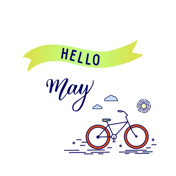 Letras Mão Originais Hello May Bicicleta Símbolo Sazonal Pode Ser — Vetor de Stock