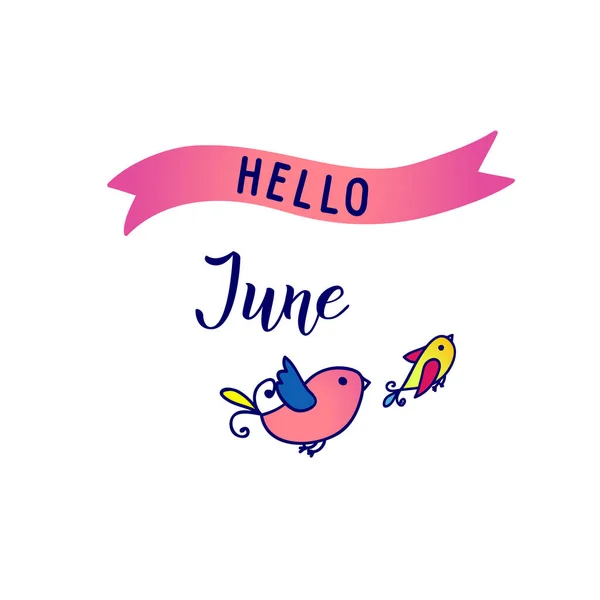 Orijinal Yazısı Hello June Mevsimlik Küçük Kuşlar Logo Poster Simge — Stok Vektör