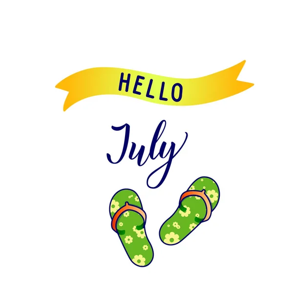 Orijinal Yazısı Hello July Mevsimlik Semboller Logo Poster Simge Yazdırma — Stok Vektör