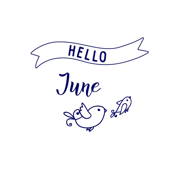 Orijinal Yazısı Hello June Mevsimlik Küçük Kuşlar Çizgi Sanatı Tarzında — Stok Vektör