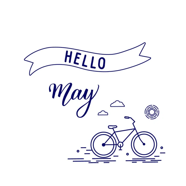 Letras Mão Originais Hello May Bicicleta Símbolo Sazonal Ilustração Vetorial — Vetor de Stock