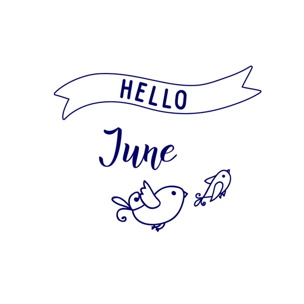 Original Hand Lettering Hello June Seasonal Symbol Little Birds Monochrome Stock Vector