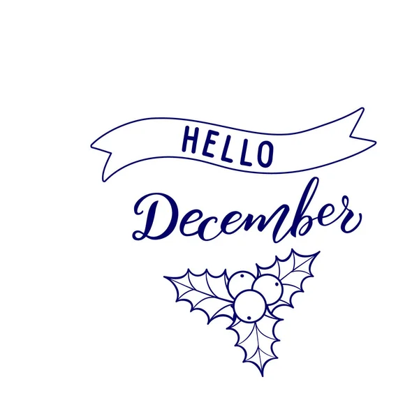 Πρωτότυπο Χειρόγραφη Γεια Σας Δεκέμβριος Και Εποχιακή Σύμβολο Holly Μονόχρωμη Εικονογράφηση Αρχείου