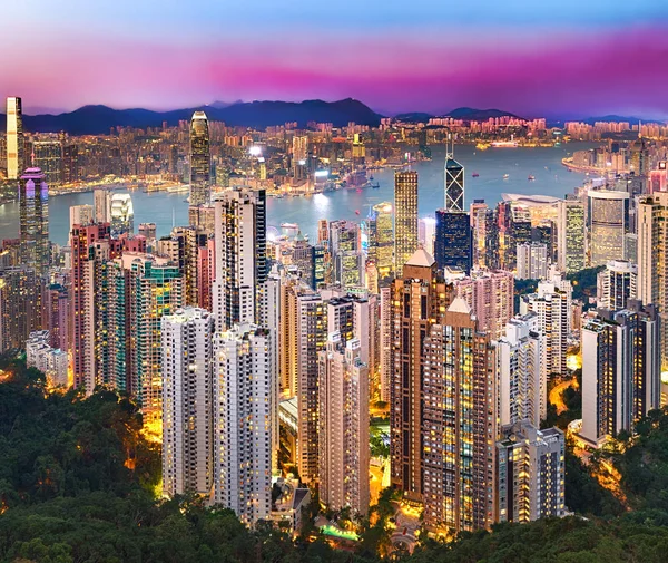 Skyline Hong Kong Tramonto Vista Notturna Dal Picco Victoria — Foto Stock