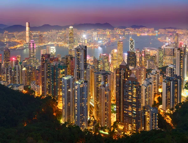 Hong Kong Panorama Při Západu Slunce Pohled Victoria Peak — Stock fotografie