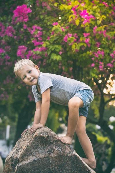 Retrato Livre Menino Engraçado Uma Rocha — Fotografia de Stock