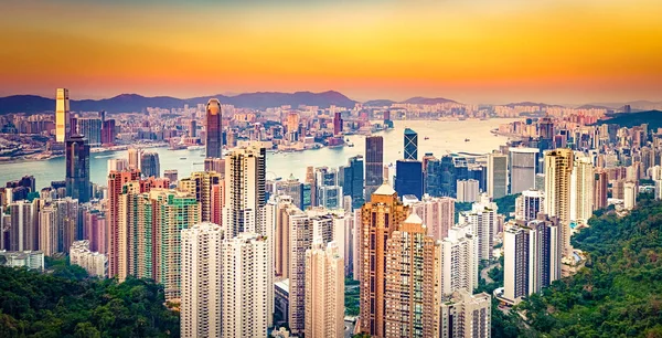 Hong Kong Skyline Solnedgången Visa Från Victoria Peak Panorama — Stockfoto