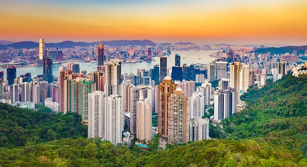 Hong Kong Skyline Coucher Soleil Vue Depuis Sommet Victoria Panorama — Photo