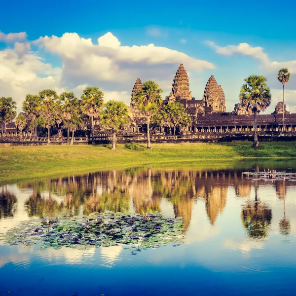 Храм Ангкор Ват Отражающийся Воде Пруда Лотоса Закате Пожинаем Камбоджа — стоковое фото