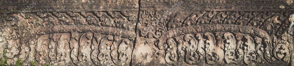Bas-relief at Pre Rup temple at morning time. Siem Reap. Cambodia. Panorama — Stock Image Bas Relief Pre Rup Temple Morning Time Siem Reap Cambodia Stock Picture