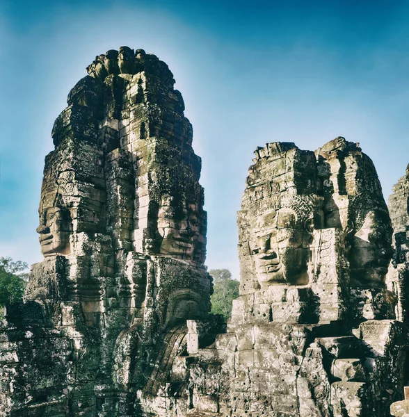 Buddha Faces Bayon Temple Angkor Thom Morning Time Siem Reap — Stock Photo, Image