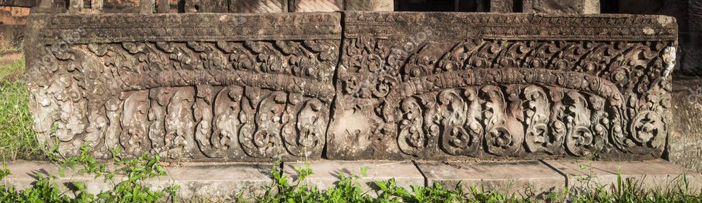 Bas-relief at Pre Rup temple at morning time. Siem Reap. Cambodia. Panorama — Stock Image Bas Relief Pre Rup Temple Morning Time Siem Reap Cambodia Stock Photo