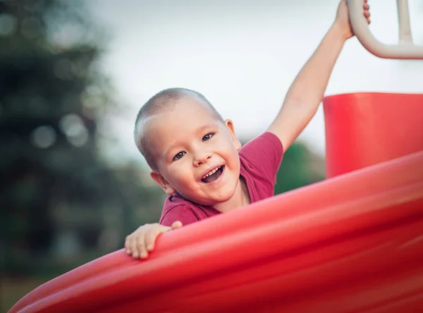 Little smiling boy on a slide — Stock Photo, Image