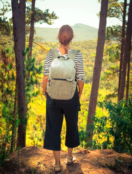 Turista com mochila em planalto — Fotografia de Stock