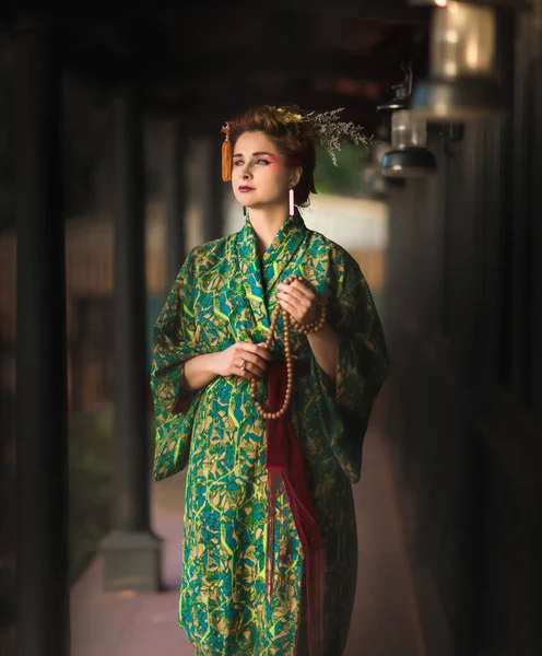 Fine Art Portrait Beautiful Woman Japanese Geisha Style Wearing Kimono — Stockfoto