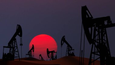 Oil pumps silhouette at  sunset clipart