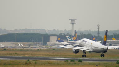 Frankfurt Am Main, Almanya - 20 Temmuz 2017: Lufthansa Airbus A319 D-25 l. Fraport, Frankfurt, Almanya, açılış öncesi yaklaşan Ailu