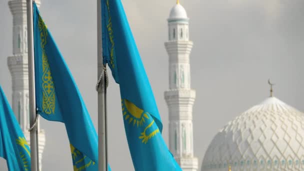 Vlaggen en de koepel van de moskee — Stockvideo