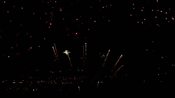 Fuegos artificiales parpadeando en el cielo de vacaciones noche — Vídeo de stock