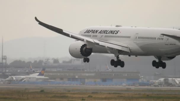 Приближается самолёт Boeing 787 Japan Airlines Dreamliner — стоковое видео