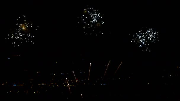 Феєрверк блимає в нічному святковому небі — стокове відео