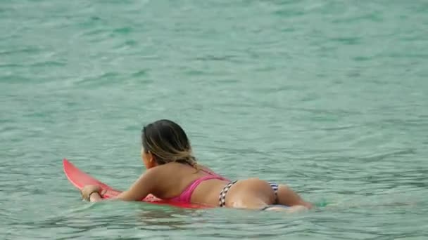 Mulher surfista atraente em uma prancha flutuando no oceano — Vídeo de Stock