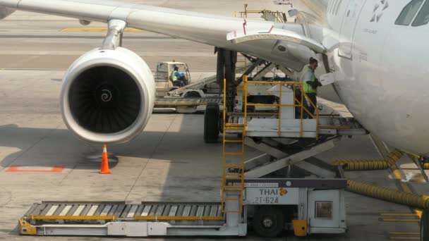 Carregamento de carga a bordo da aeronave — Vídeo de Stock
