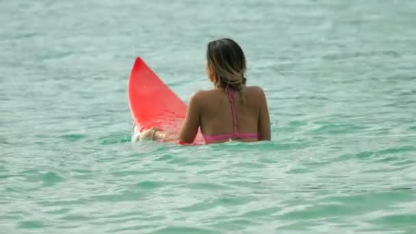 Attraktiva surfer kvinna på en surfbräda som flytande i havet — Stockvideo