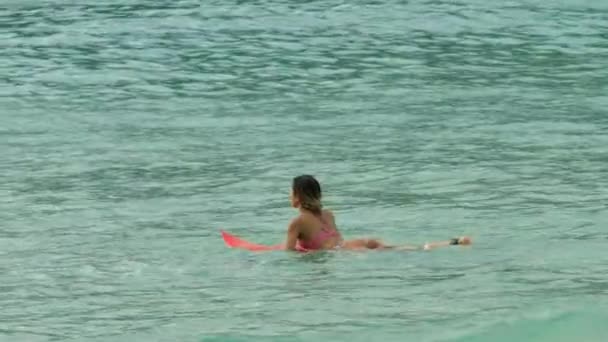 Attraente surfista donna su una tavola da surf galleggiante nell'oceano — Video Stock