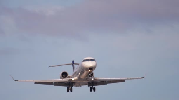 Avión aterrizando temprano en la mañana — Vídeo de stock