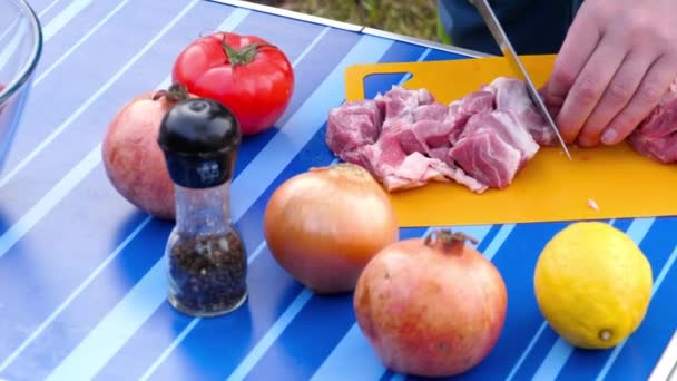 Hombres rebanando carne para barbacoa — Vídeos de Stock