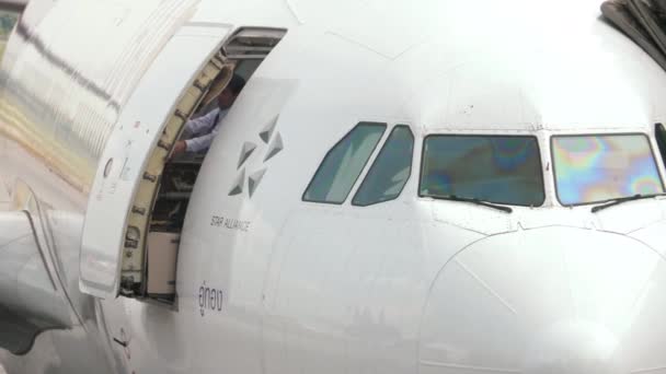 Steward sluiten van de deur van het vliegtuig — Stockvideo