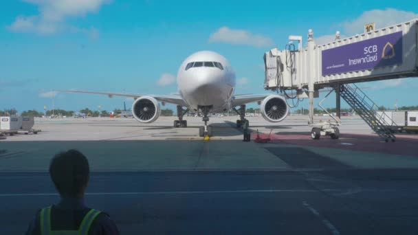 Supervisor ontmoet passagiersvliegtuig op de luchthaven — Stockvideo