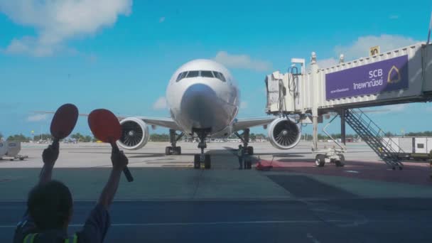 Le superviseur rencontre un avion de passagers à l'aéroport — Video