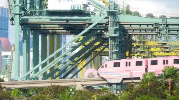 Monorail trein op Sentosa Island nabij Cargo Port — Stockvideo